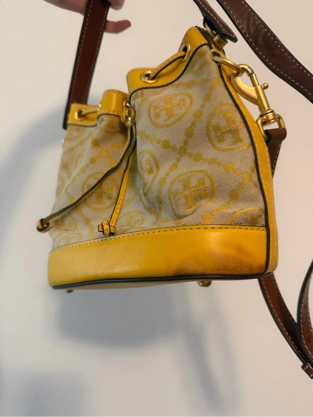 Tory Burch Yellow Logo Bucket Shoulder Bag with Brown Strap
